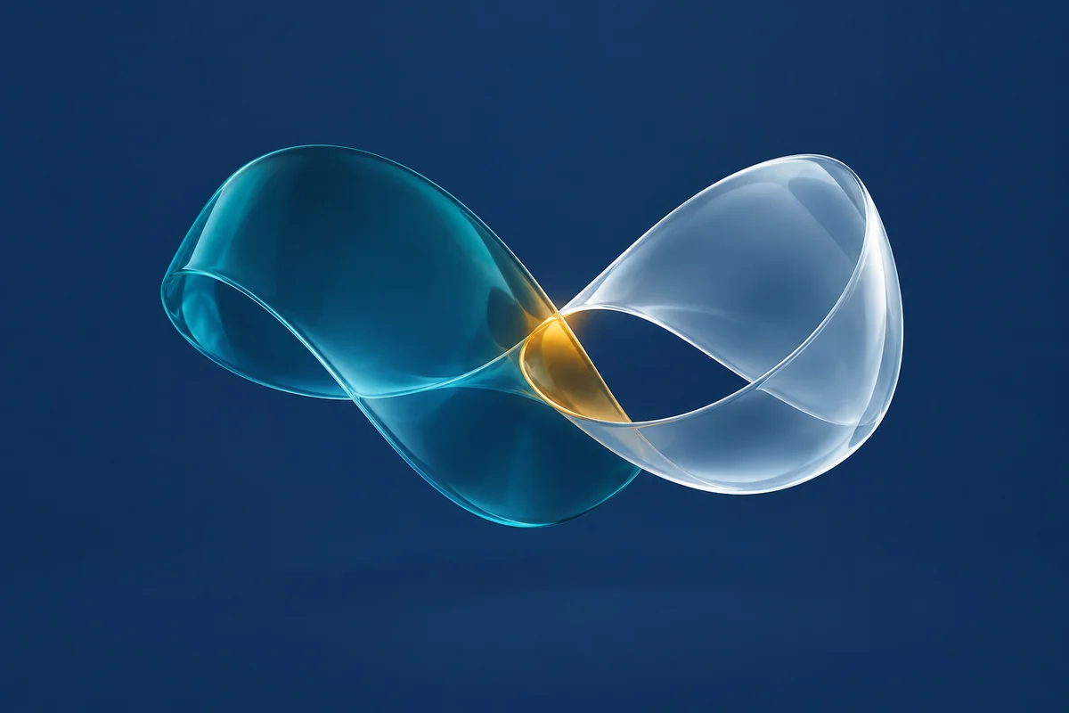 Formas de vidro conectadas em azul e âmbar, representando a conexão entre dados e conhecimento